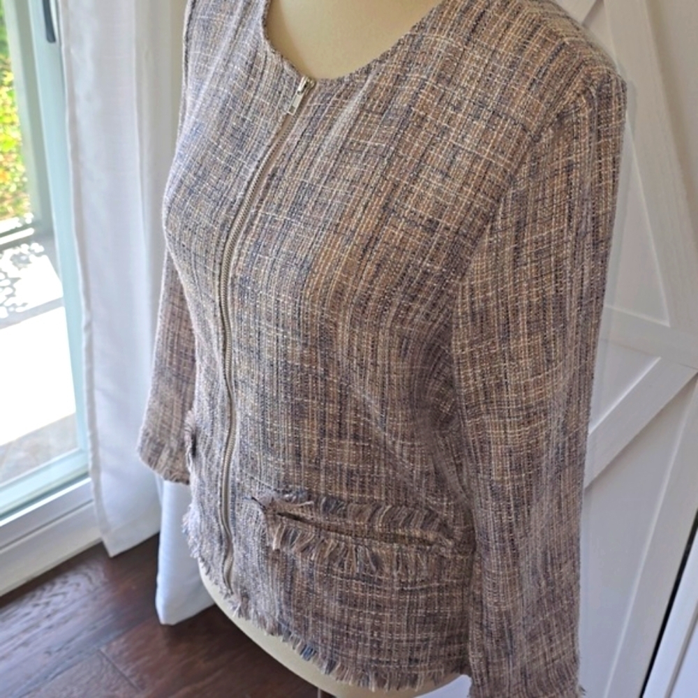 Cupcakes & Cashmere Tweed Zip Front Fringed Blazer
